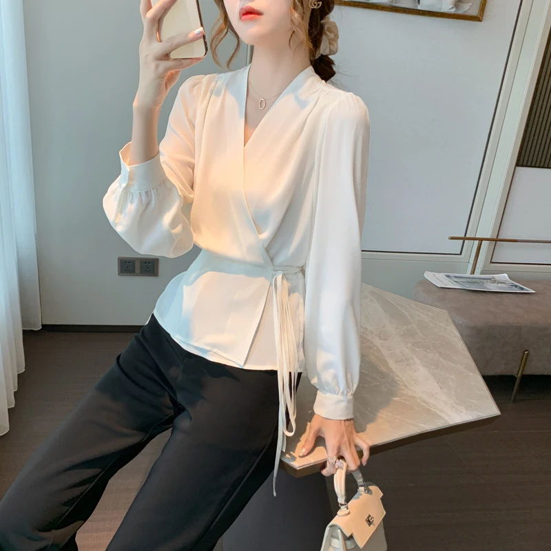 Elegant V-neck Lace-up Wrap Blouse Women 2022 Autumn New OL Ladies Slim Waist Bandage Blouses Shirt Long Sleeve Top Chiffon Tops