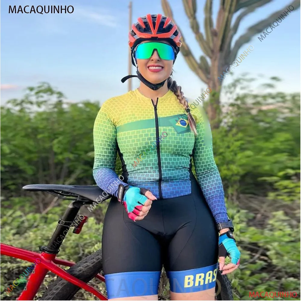 2023 Brasil Women\'s Cycling Jumpsuit 2023 MTB Little Monkey Long Sleeved UV Resistant Bicycle Clothing Elementos Brasileiros