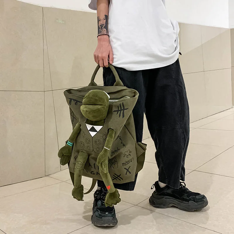 New Large Capacity 3D Frog Backpack Y2K Teen Girls Boys College Graffiti School Bag Fashion Canvas Handbag Casual Travel Bag