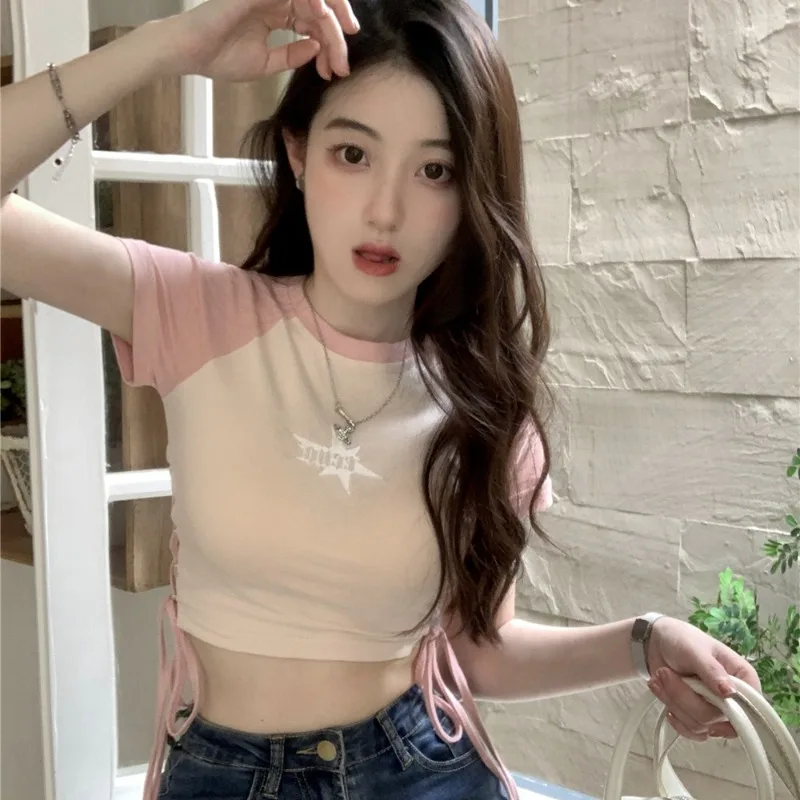 Crop Tops Panelled T-shirts Women Lace-up Design Fashion Dancer Hotsweet Short-sleeve Tender Kpop Clothes Sexy Girls Ulzzang New