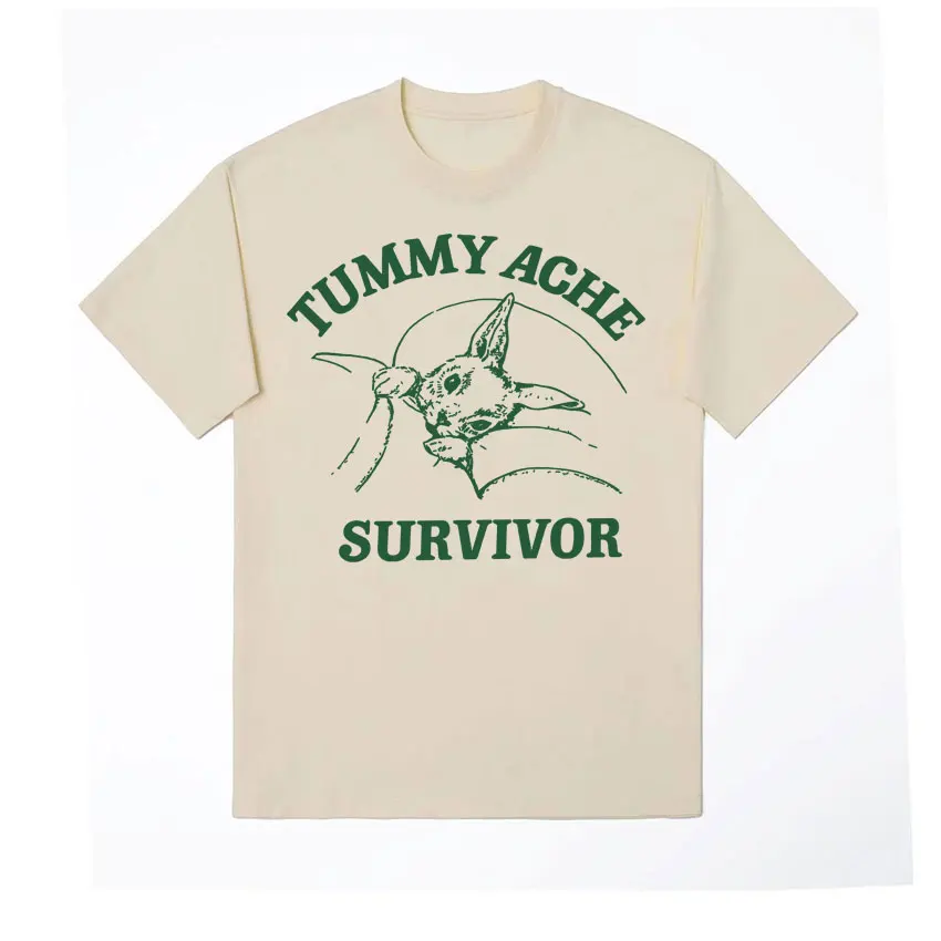 Funny Tummy Ache Survivor Meme Print Graphics T-Shirt Men Women's Vintage Short Sleeve Tees Oversized Cotton T Shirts Streetwear