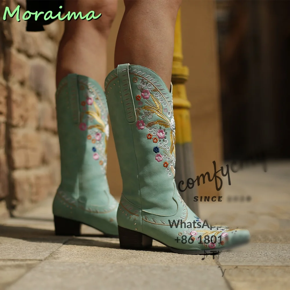 Ethnic Style Embroidery Mid Calf Boots Women Pointed Toe Slip On Designer Cowboy Boots Block Mid Heel Vintage European 2023 New