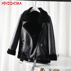 MNCCMOAA-Women's Thick Warm Lamb Wool Faux Fur Leather Jacket Casual Zip Outwear Female Coat High Quality Autumn Winter 2024