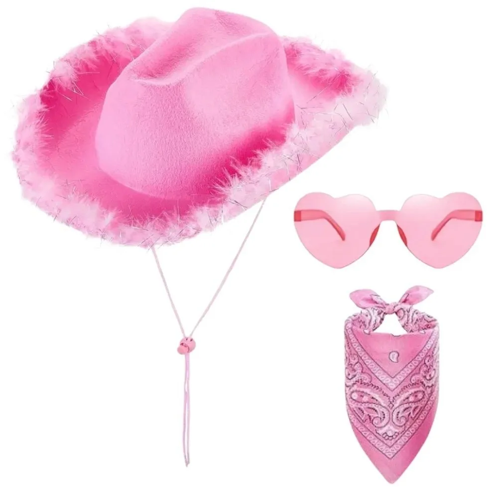 Acrylic Fibers Cowboy Hat Fluffy Trim Pink Bandana Heart-Shaped Glasses Paisley Scarf Fuzzy Edge