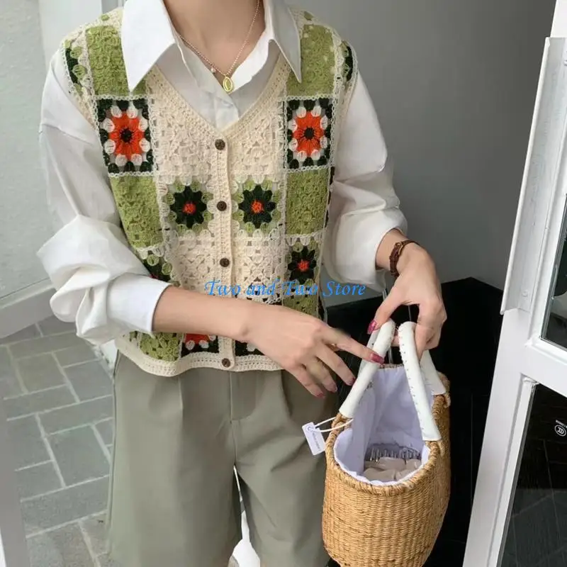

HX6F Vintage Sweet Cotton Cardigan Women Summer Sleeveless Tops Crochet Waistcoats