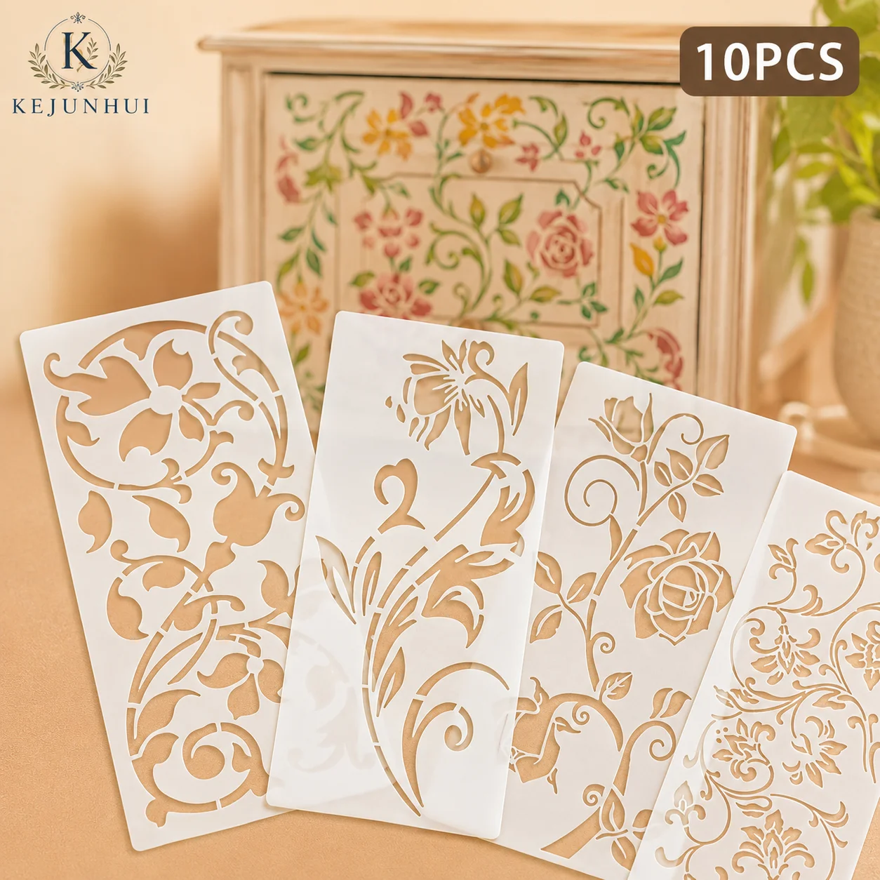 10Pcs Floral Vine Stencils Reusable PET Stencils for Painting Rose Pattern Craft Templates Wall Wood Fabric Border Decor