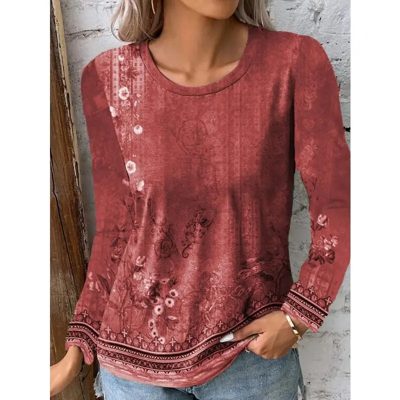 

Women's T-shirt 3D Gradient Floral Print Fashion Long Sleeve Round Neck Regular Tops Holiday Weekend Spring and Autumn