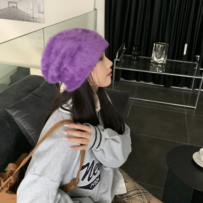 2023 neue Mode Kaninchen Fell Y2k Mützen für Frauen Weiche Warme Flauschigen Angola Winter Hut Weibliche Winddicht Motorhaube Hut Skullies Kappe – Detail 11