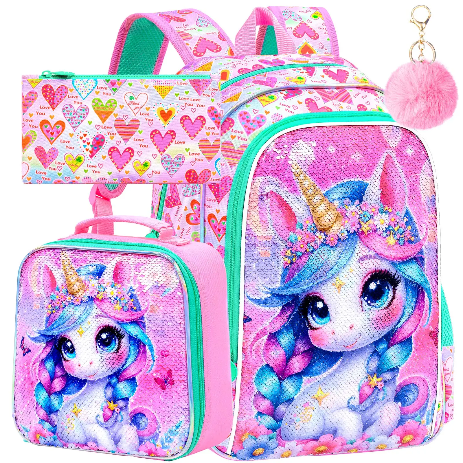 3PCS 16in Girls Backpack Set, Sequin Double Braid Unicorn School Bookbag with Handbag & Pencil Case