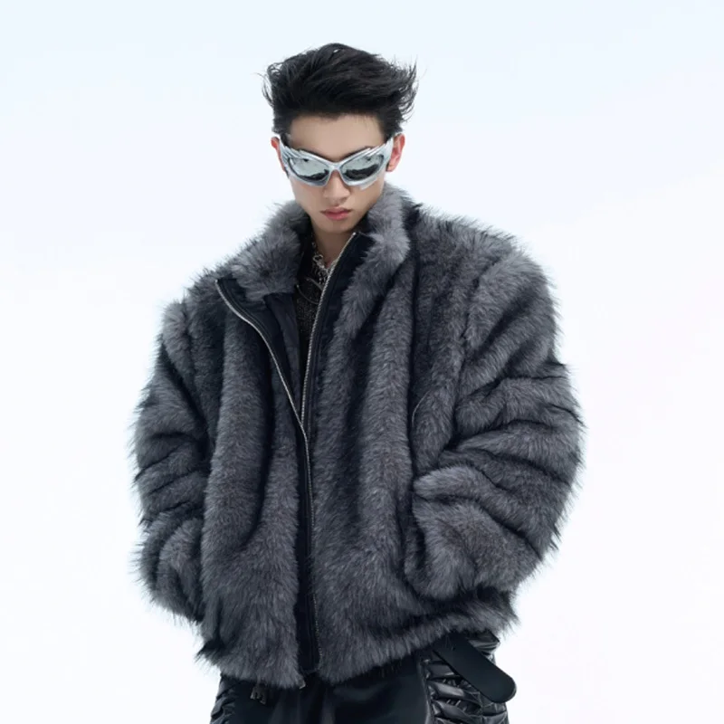 IEFB 2024 Winter New Men's Jackets Niche Imitation Mink Fur PU Leather Patchwork Thick Coat Short Loose Zipper Male Tops 24E5180