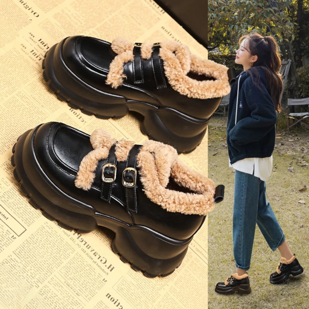 8cm Thick-soled Loafers Women's Winter Plus Fleece Warm 2024 New All-match Inner Height-raising Small Leather Shoes