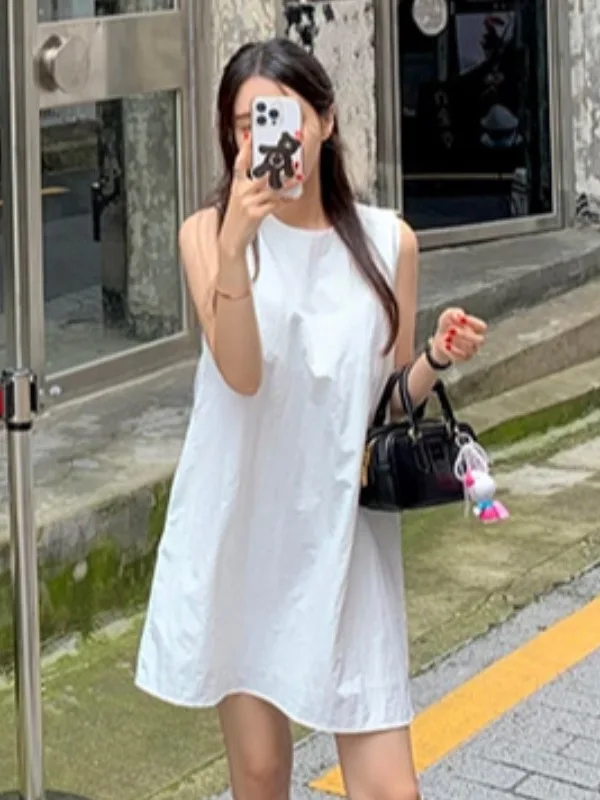 

Chic Summer Svel round Ne Loose Dr Women's Vest Dr ort Skirt Pure Color Simple Ele Sle for Young Women