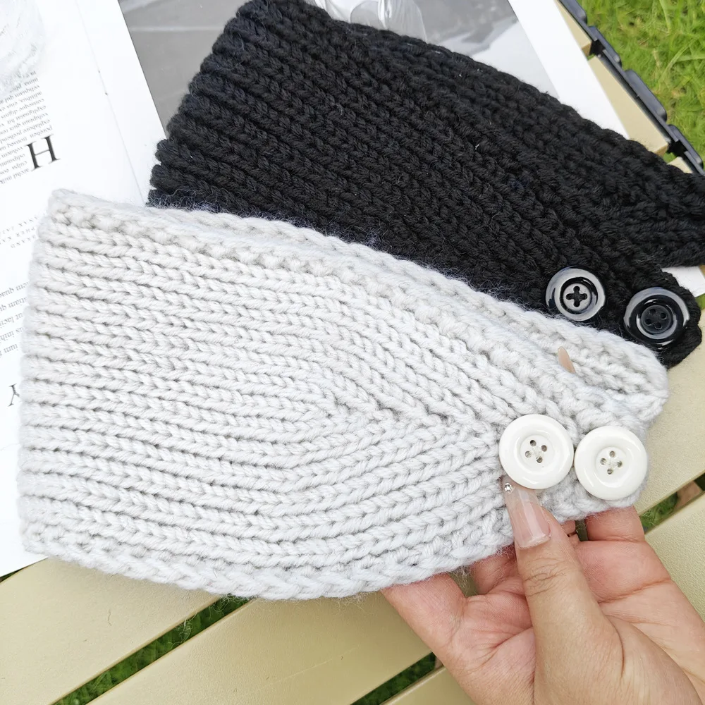 Autumn Winter Solid Color Button Wide Knitting Headband For Women Outdoor Ear Warmers Makeup Head Cover Elegant Elastic Hairband