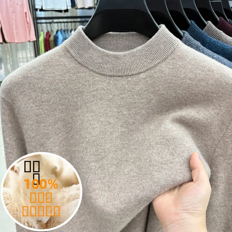 

Мужской зимний свитер из 100% чистой шерсти, утепленный, вязаный, с высоким воротником, теплый базовый слой, с длинным рукавом