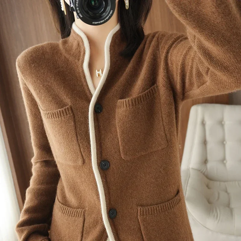 Women Cashmere Wool Sweater Autumn Winter 2024 Women\'s Stand-up Collar Cardigan Casual Knit Tops Korean Plus Size Female Jacket