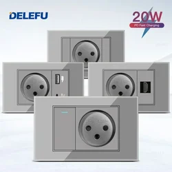 DELEFU Grey Tempered Glass Israel USB Type C Fast Charging Wall Socket Light Tuya Wifi Smart Switch Sat TV Tel Doorbell Curtain