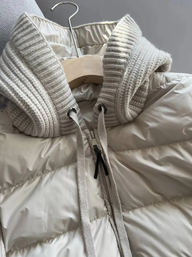 Lagabogy 2025 جديد الخريف الشتاء محبوك المرقعة الأبيض بطة أسفل سترة المرأة الرباط مقنعين الدافئة خفيفة الوزن معطف منتفخ #2
