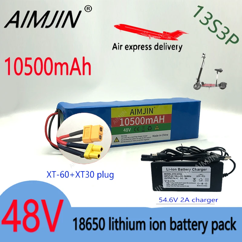 New 48V 10.5Ah 18650 13S3P Li-Ion battery pack with built-in BMS, for 1000W Spare high quality battery+charger XT60-XT30 Plug