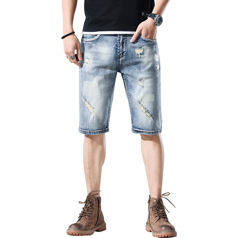 Summer new thin and distressed denim shorts for men's elastic slim fit Korean version denim ripped skinny jeans men