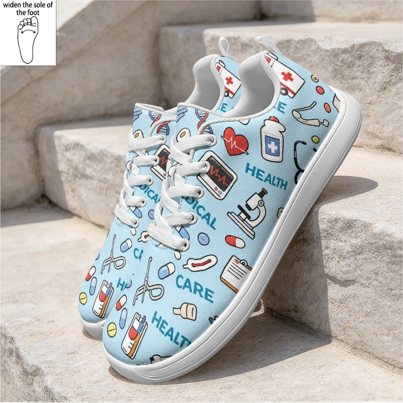 PENSTROLL Washable Nurse Shoes Wide Width Lace-Up Walking Driving Shoes for Hospital Women Medical Care Print
