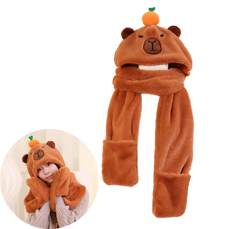 Ensemble écharpe et gants Capybara 3 en 1 pour femmes et filles, bonnet à capuche en peluche, chapeau chaud, casquettes, cadeau parfait pour l'hiver, mignon