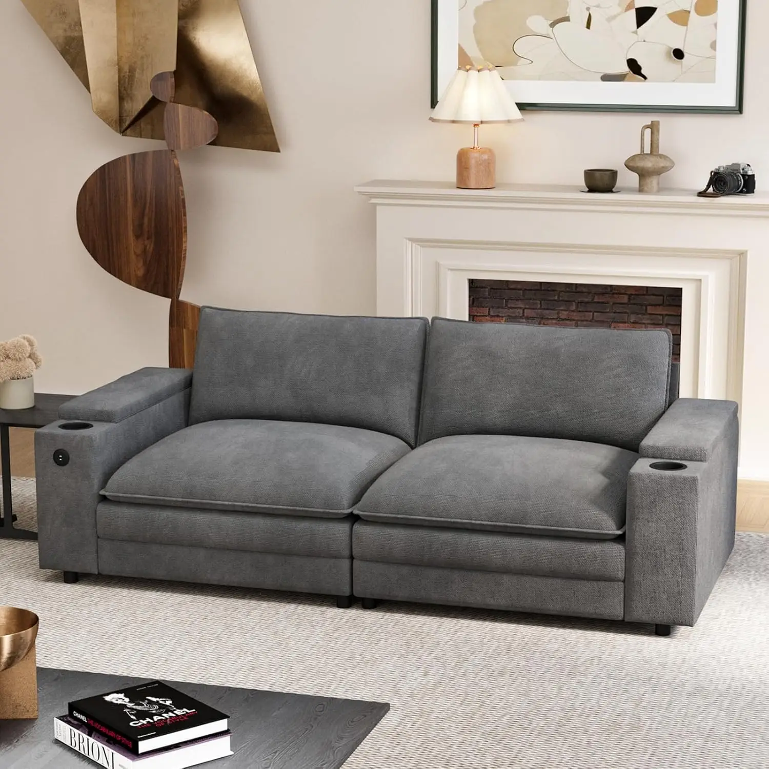 

81.5" Loveseat Cloud Sofa Couch With Storage Armrest, Cup Holders, USB & Type-C Ports, Spring Cushions, Solid Wood, Customized