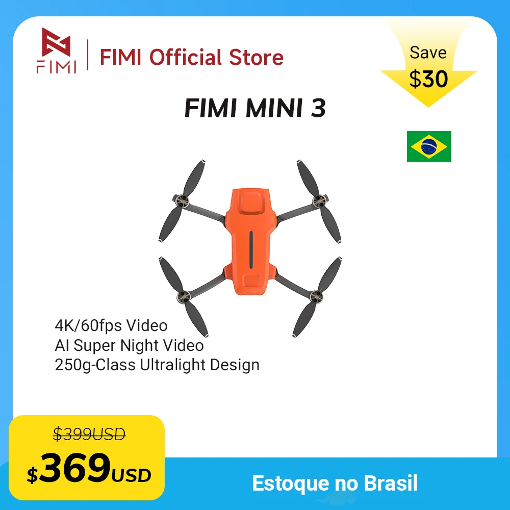 FIMI MINI 3 Novo Drone com Câmera 249g 4K 60fps Vídeo Noturno com IA Distância de Voo de 9KM Sensor de 1/2 polegada 48MP Mini Drone Pro