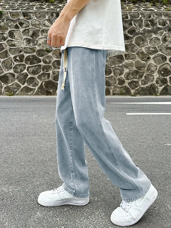 Men's Workwear Jeans Casual Spring Autumn Straight Leg Trousers Durable Cotton Long Sleeve T-shirts for Office And City Walk