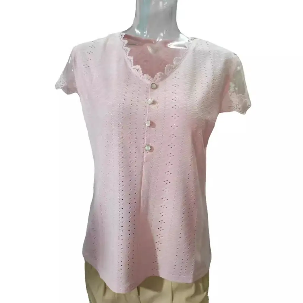 Wish Solid Color Lace V-Neck Short Sleeve T-Shirt European American Fashion Top for Women