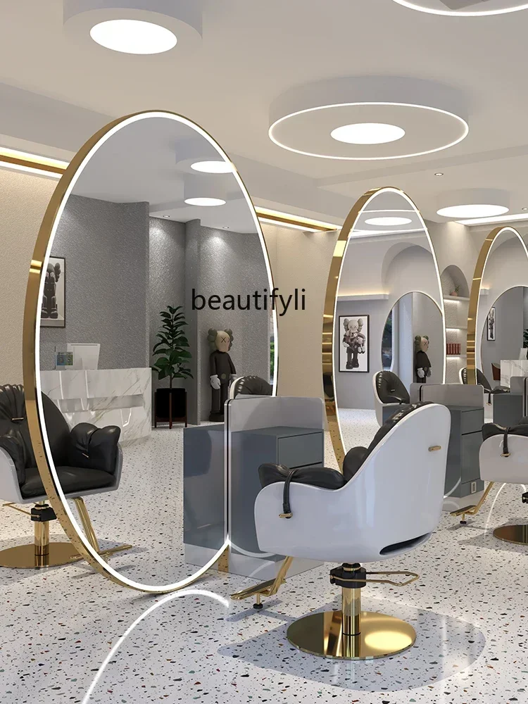 

lt Hair Salon Double-Sided Floor Large round Mirror Led Full Body round Barber Shop for Hair Salon Dressing Table