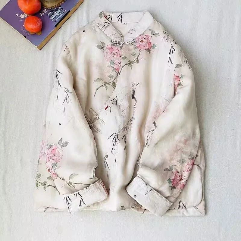 

Retro Chinese Sle Printed Cotton Jaet Women's Winter Warm Coat Button Stand Collar Tea Costume Top Long Sve Loose Fit