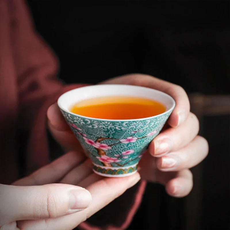 6Cups Ceramic Small Tea Bowl Hand Drawn Peach Flower Tea Cup Outfit Chinese Kungfu Tea Set Ceremony Mug