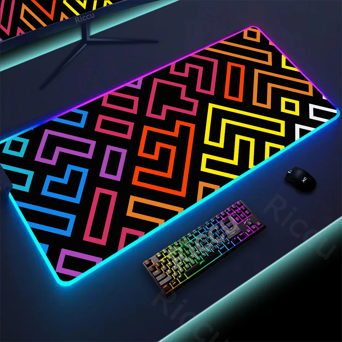 Xxl RGB Extended Mousepad Line Art Design Gaming Deskmat Computer Office Accessories Anti-skid Geometric Mouse Pad Luminous Rugs