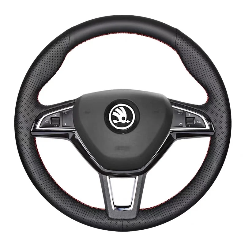 For Skoda Rapid Spaceback 2016 Octavia 2017 Fabia 2016 2017 Hand Sewing black leather Car Steering Wheel Cover Wrap  Accessories