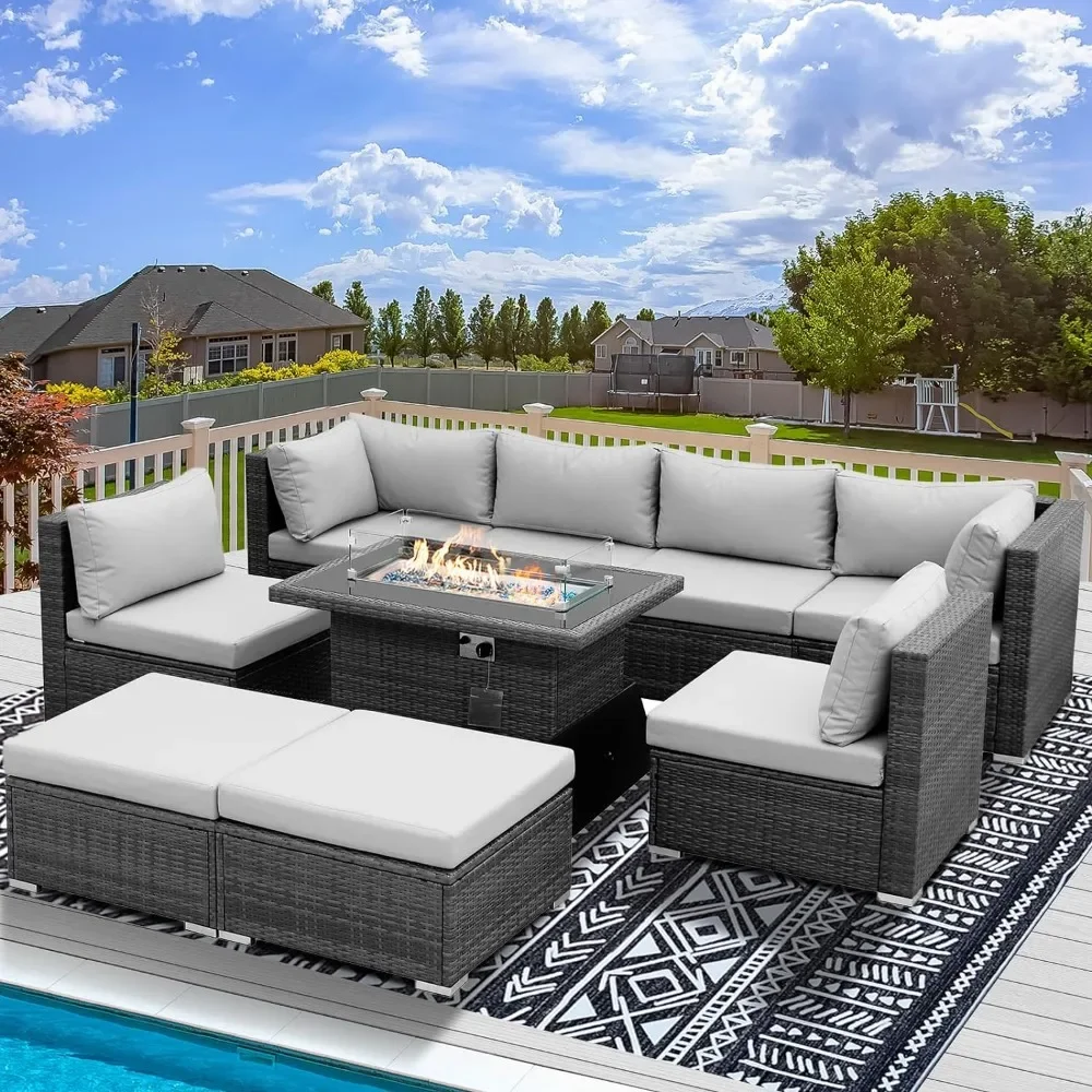 

Patio Furniture Set Equipped With Propane Fire Pit Table 55000 BTU Balcony Rattan Lounge Outdoor Dialogue Set