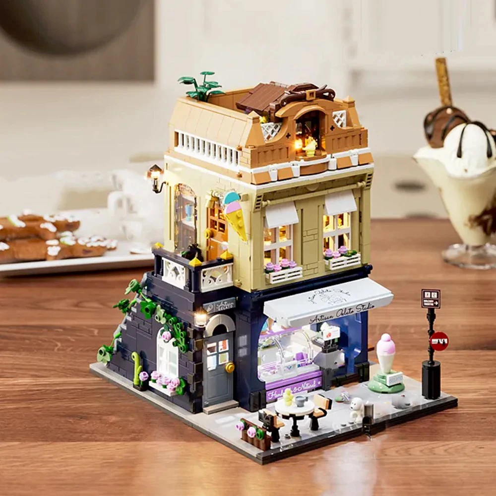 Ice Cream Store City Lighting House Buildings Sets,Apartment Stop Model Modular Buildings Blocks Gift for Adults Kids 1948 PCS