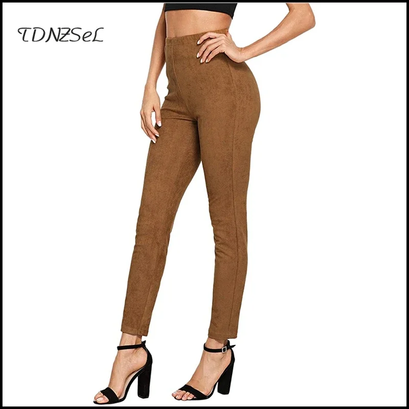 Stretch Seamless Legging Women Tan Faux Suede Leather Pants Slim Lady Autumn Skinny High Waist Pencil Trousers Fashion Custom