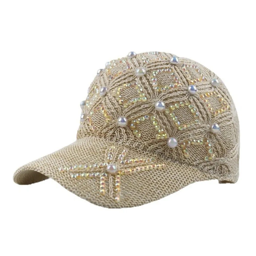 Hand Rhinestone Decor Hollow Knit Baseball Cap Pearl Decor Hollow Knit Design Breathable Mesh Visor Cap Mesh Visor