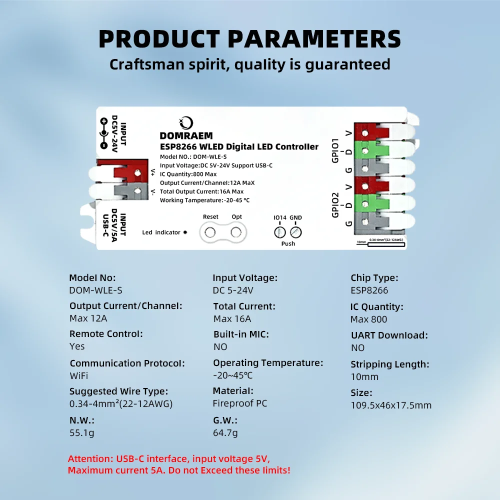DOMRAEM ESP8266 WLED USB-C Adressierbarer LED-Controller unterstützt WS2811/12/12B/13/14/05 digitale Streifen usw. Spannungswandler 16A Sicherung – Detail 2