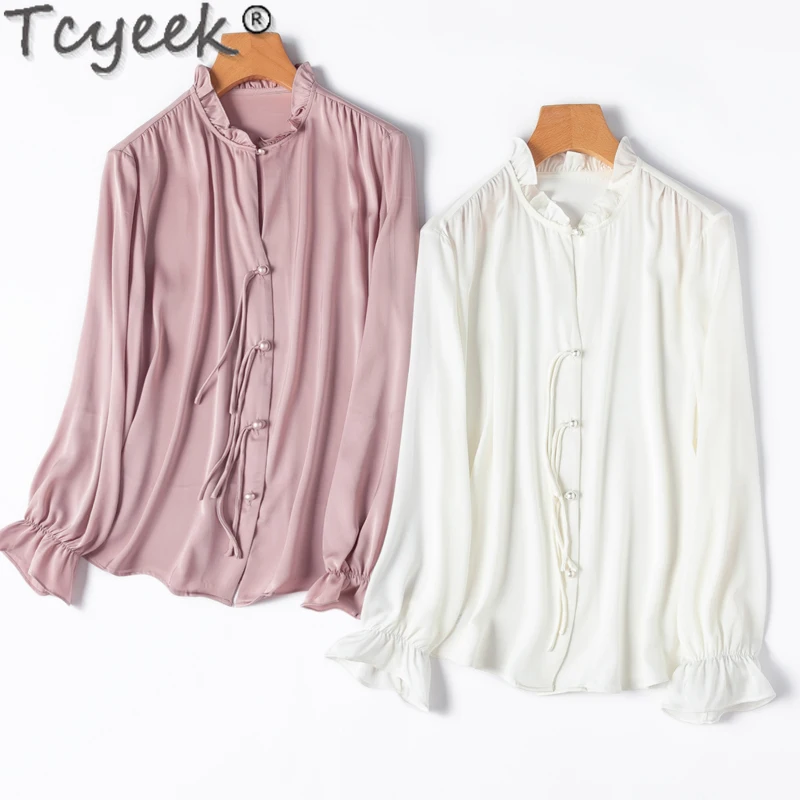 

Tcyeek 93% Mulberry Silk Shirts for Women White Shirt 2024 Spring Summer Long Sleeve Top Women's Elegant Shirts Chemise Femme