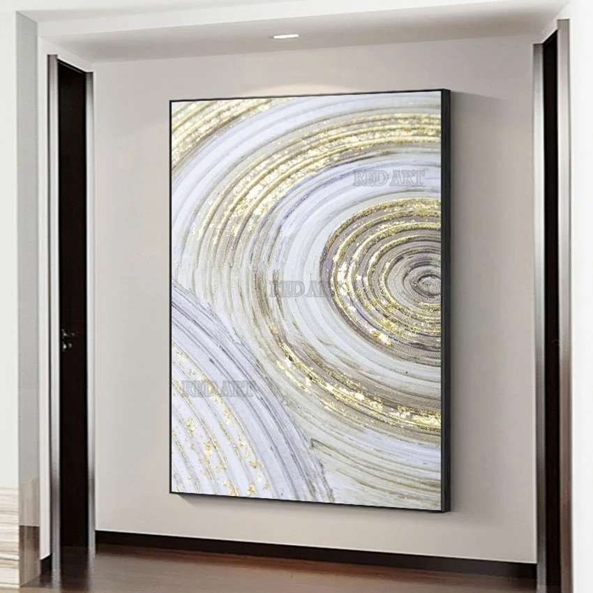 Gold Foil Lines Circle Canvas Oil Painting, Picture Wall Art, 100% Handmade Abstract Texture, Thick Acrylic Painting, Artwork