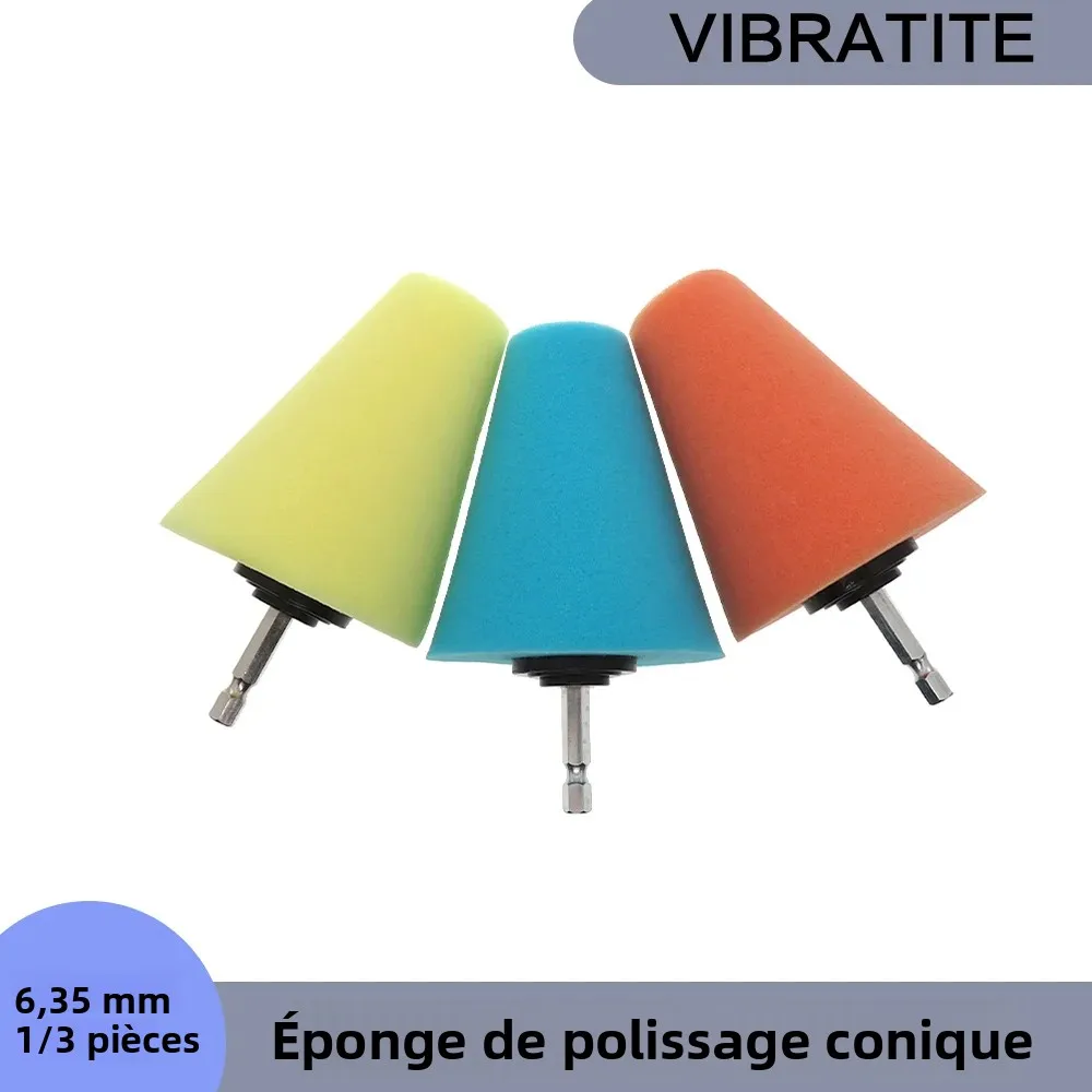 Éponge de polissage conique pour roues de voiture, orange/jaune/bleu, poignée hexagonale de 6.35mm, pour le polissage et le nettoyage des voitures et des bateaux, 1/3 pièces