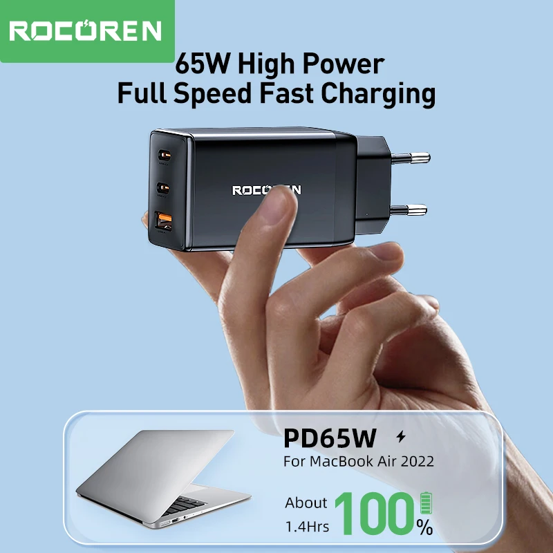 Rocoren 65W GaN USB Type C Charger Quick Charge PD 3.0 USBC Fast Charging USB Charger For iPhone 15 14 Pro Samsung Xiaomi Laptop