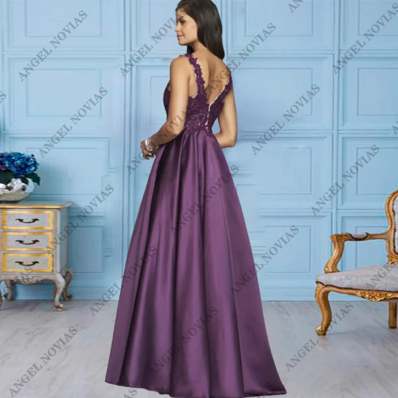 Robes longues en satin personnalisées pour la mère de la mariée, ligne A, violet, élégante, mariage, invité, ruban, nœud, perles, fête, 2025, 2024