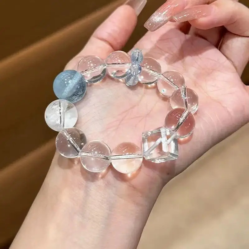

Natural White Crystal Aquamarine Bracelet Running Ring Sugar Cube Crystal Men's and Women's Lucky Fashion Bracelet Niche Design