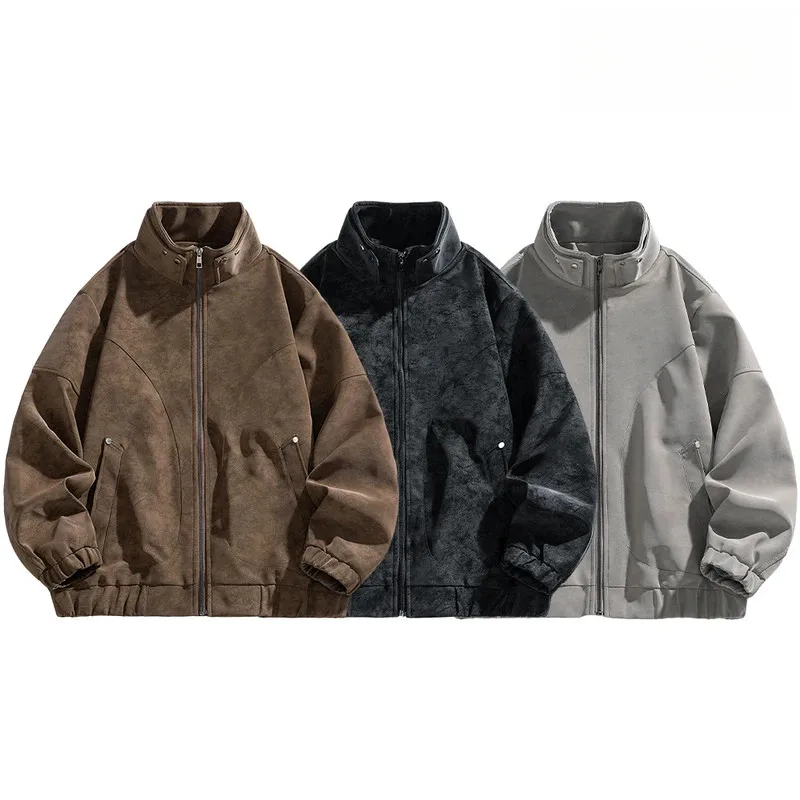 High Street Men's Suede Textured Harrington Stand-Up Collar Leather Jacket Vintage Pilot Jacket Loose-Fitting Windproof Coat