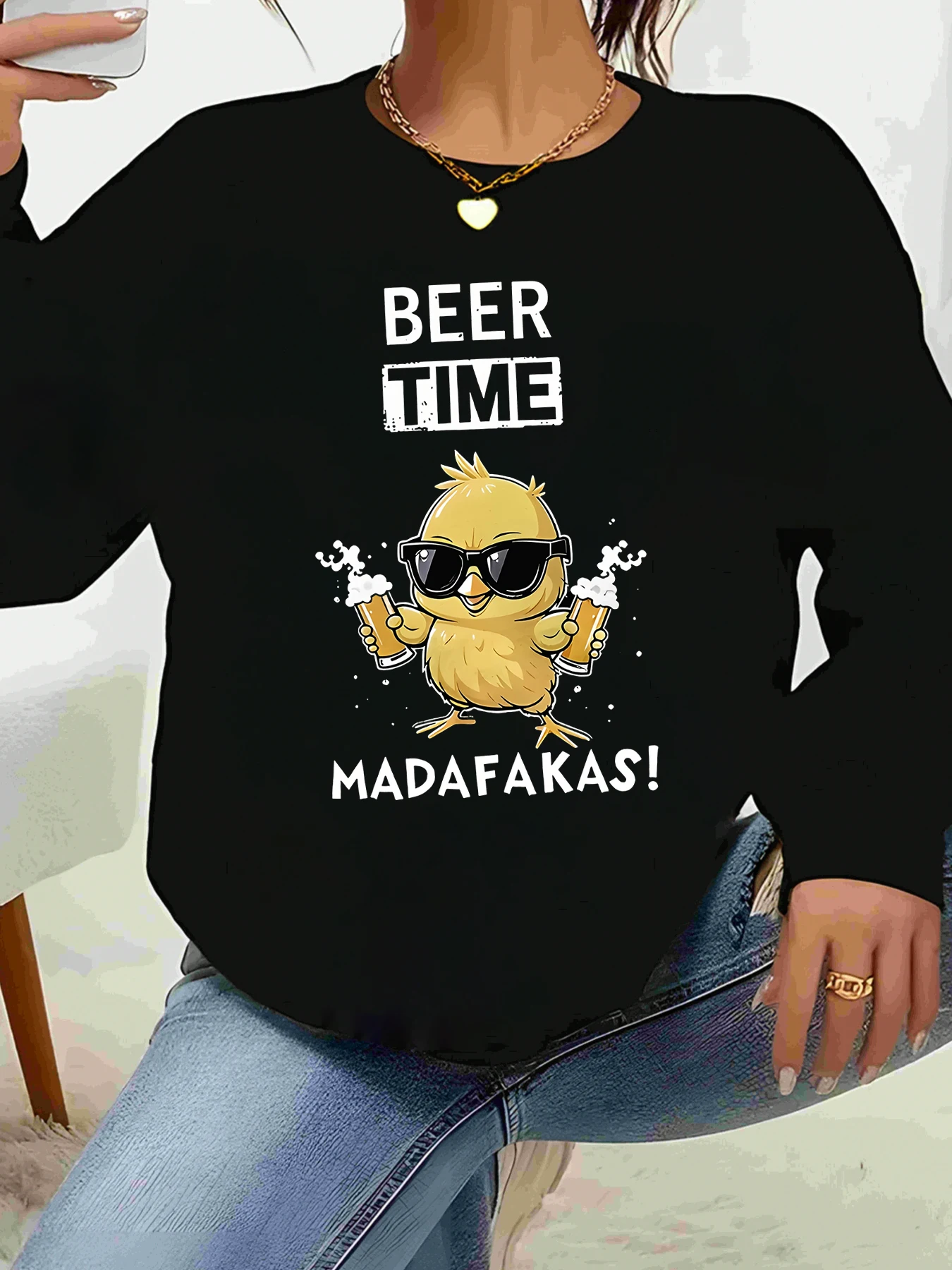 

Толстовка с длинными рукавами и принтом Chicken Beer Time Madafakas, повседневная одежда, женская мода