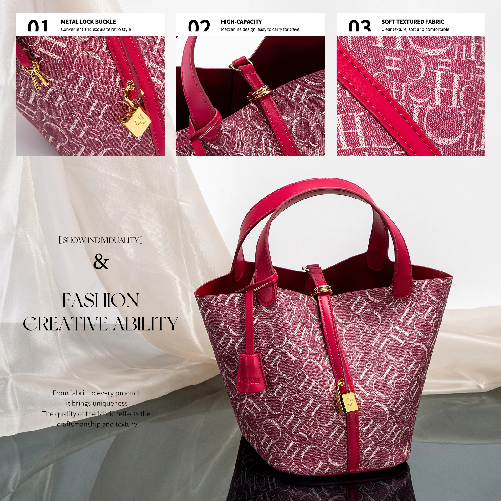 CHCH Women's Tote Bag 2024 New Large Capacity Basket Bag Classic Copper Lock Commuter Women's Bag