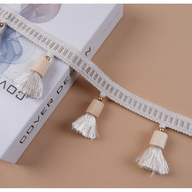 QGVLish 6M/Lot Wooden Balls Curtain Tassel Fringe Lace Trims DIY For Sofa Stage Valance Edge Decor Ribbon Curtain Accessories