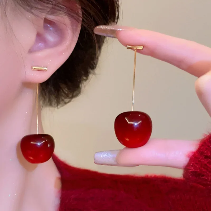 Weet Red Cherry Earrings Women's Autumn and Winter Earrings Design Sense Earrings Creative Temperament Versatile